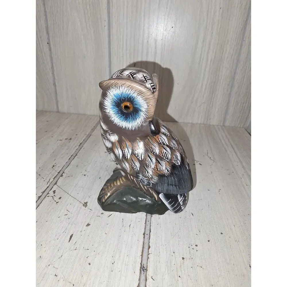 Vintage Owl Carved Stone On Log Hand Painted 5.